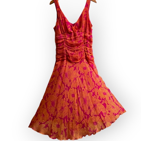 Silk Pink and Orange Floral Chiffon Dress - Picture 1 of 9